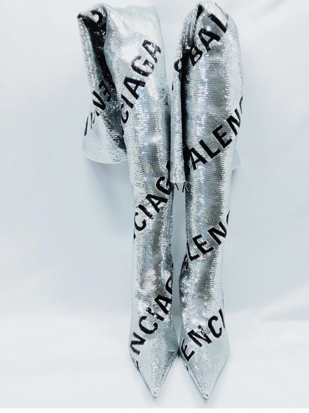 Balenciaga Silver Sequin Logo Thigh-High Boots